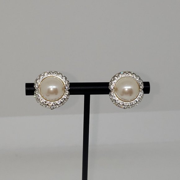 Carolee Clip-On Earrings Pave Rhinestones Faux Pearl Cabochons Silver Tone - Picture 4 of 10